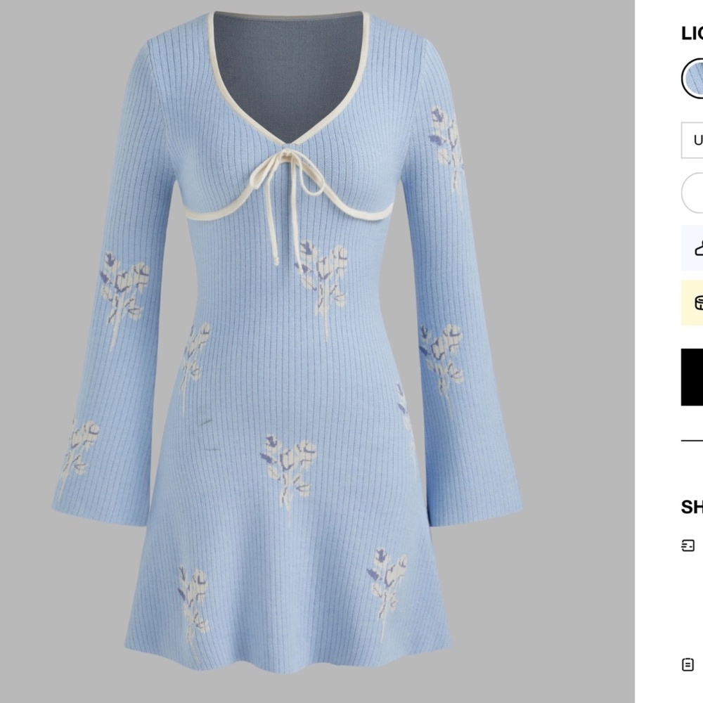 Knit V neck floral knotted mini dress